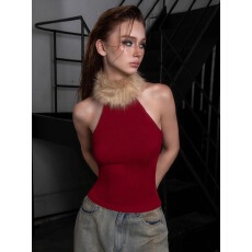 批发高级感红色毛毛拼接针织背心女秋季设计感修身显瘦无袖打底衫上衣