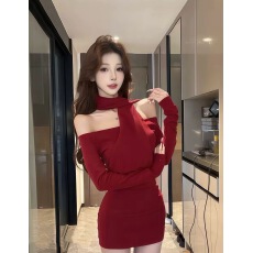 批发温柔设计风一字辣妹韩系秋冬长袖<b class='q'>连衣裙</b>修身显瘦短裙