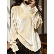 批发新中式中国风米杏色丝绒衬衫改良上衣<b class='q'>唐装</b><b class='q'>汉服</b>2025新款交领打底衫