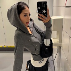 批发2026 新款美式复古双头拉链开衫修身连帽卫衣春秋显瘦短款外套女