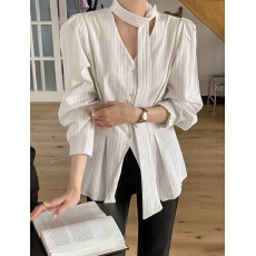 批发韩国chic春季复古气质V领小排扣挂脖飘带百搭显瘦长袖条纹衬衫女