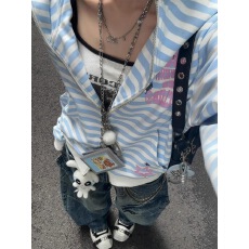 批发美式y2k条纹连帽<b class='q'>卫衣</b>长袖女秋季甜酷风街头显瘦百搭开衫拉链<b class='q'>外套</b>