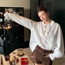 批发法式白玫瑰 宫廷风重工设计感立体<b class='q'>花朵</b>长袖衬衫