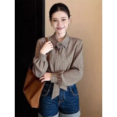 批发法式气质蝴蝶结格纹长袖衬衫女秋<b class='q'>冬</b>宽松设计感小众高级感休闲上衣