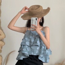 批发夏季流苏<b class='q'>牛仔</b>立体刺绣甜辣上衣露肩度假风小众轻奢名媛吊带小衫女