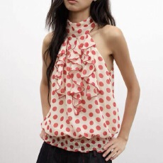 批发2026<b class='q'>原创</b><b class='q'>设计</b>红色波点半高领挂脖拼接荷叶边宽松无袖上衣T恤女