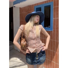 批发美式复古格纹短袖<b class='q'>衬衫女</b>2026新款夏季设计感小众绑带收腰短款上衣