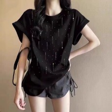 批发夏季2026年重工流星<b class='q'>雨</b>短袖半袖T恤显瘦纯棉新款宽松亮闪闪上衣