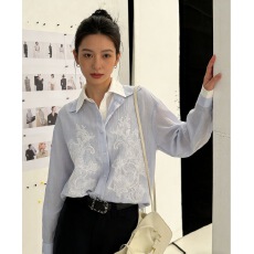 批发蓝色<b class='q'>假两件</b>设计感刺绣长袖<b class='q'>衬衣</b>女2026春季新款独特漂亮巨好看<b class='q'>衬衫</b>