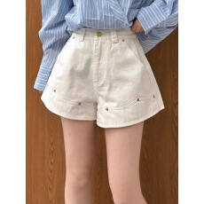 批发<b class='q'>欧洲站</b>夏季高腰牛仔短裤女一粒扣A字版阔腿裤铆钉设计白色阔腿裤
