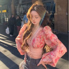 批发法式v领蕾丝掐腰长袖雪纺衬衫女夏季温柔风独特别致绝美碎花<b class='q'>上衣</b>