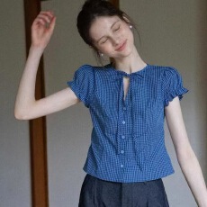 批发法式蓝色泡泡袖系带<b class='q'>格子</b><b class='q'>衬衫</b>女夏甜美气质短袖显瘦休闲正肩上衣潮