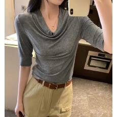 批发超手感莫代尔棉~灰色荡领打底衫<b class='q'>T</b><b class='q'>恤</b>女秋2026新款内搭五分袖上衣