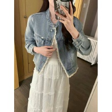 批发韩系蕾丝拼接花边牛仔外套短款春季2026年设计显瘦百搭夹克上衣