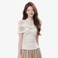 批发新中式国风露肩立体<b class='q'>花朵</b><b class='q'>T</b><b class='q'>恤</b>新款修身显瘦巨好看绝美上衣女夏季