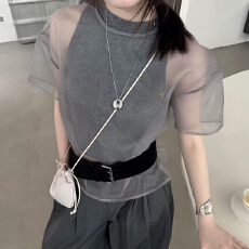 批发韩系高级灰色网纱上衣<b class='q'>欧根纱</b>短袖叠穿神器老钱风透视短袖开衫女