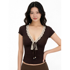 批发重工<b class='q'>欧美</b>女装法式复古蕾丝拼接串珠系带V领T恤肌理感紧身棕色<b class='q'>上衣</b>