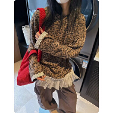 批发2026春季新款大码女装<b class='q'>蕾丝</b>花边拼接t恤女小众洋气打底豹纹<b class='q'>上衣</b>