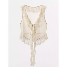 批发夏季新品<b class='q'>女装</b>不对称下摆无袖V领蕾丝拼接叠层装饰上衣