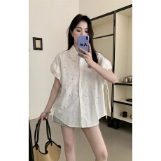 批发新款法式钉珠正肩短袖<b class='q'>衬衫</b>女夏季慵懒风显瘦百搭中长款上衣
