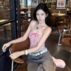 批发美式复古条纹抹胸背心夏季法式小众纯欲风打底修身辣妹上衣ins