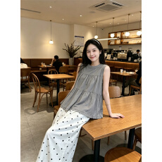 批发2026夏季减龄木耳圆领无袖背心女韩系宽松绑带上衣波点阔腿<b class='q'>裤</b>