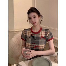批发立体蝴蝶结格子短袖t恤女2026新款夏季设计感小众小上衣打底衫潮