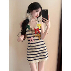 批发<b class='q'>可爱</b>少女风V领针织条纹短裙女夏季立体蝴蝶结修身显瘦无袖<b class='q'>连衣裙</b>