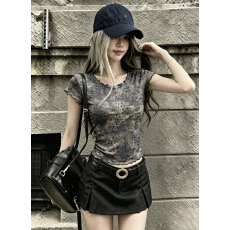 批发美式辣妹暗纹豹纹网纱小飞袖<b class='q'>t</b><b class='q'>恤</b>女夏季木耳圆领弹力紧身双层上衣