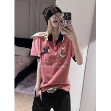 批发美式<b class='q'>街头</b>正肩polo衫短袖女夏季新款战马刺绣红色t恤亚比上衣情侣