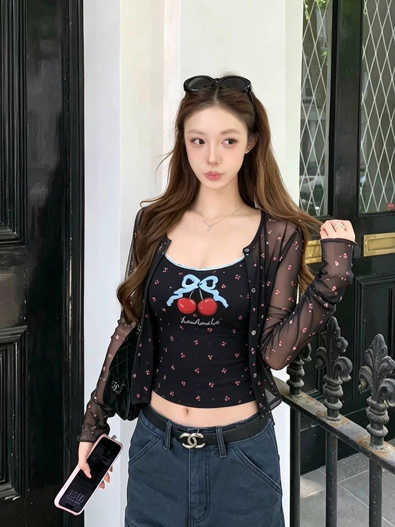纯欲辣妹樱桃吊带防晒开衫两件套...