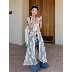 批发蕾丝马甲<b class='q'>连衣裙</b>女夏季薄款系带网纱罩裙修身防晒开衫长款背心裙子