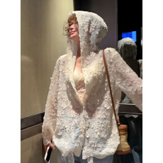 批发法式中<b class='q'>长款</b>蕾丝开衫薄款连帽外套女氛围防晒宽松休闲上衣