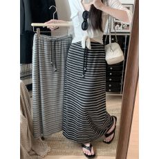 批发原版色织条面料 黑色条纹抽绳松紧腰<b class='q'>半身</b>裙女叉<b class='q'>包臀</b>a字<b class='q'>长裙</b>