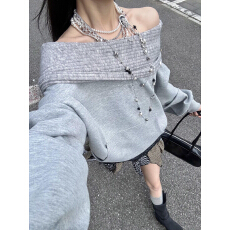 批发法式复古斜肩<b class='q'>一字领</b>露肩连帽卫衣女春秋宽松学院风休闲气质外套潮