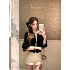 批发秋装法式小香风黑色丝绒系带七分袖上衣女气质名媛显瘦<b class='q'>打底衬衫</b>