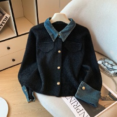 批发实拍小香风牛仔假两件翻领软糯毛<b class='q'>衣外套</b>秋冬季新款宽松气质上衣女