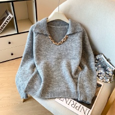 实拍高级感重工亮片V领毛衣女秋冬季新款复古高级感翻领毛衣上衣