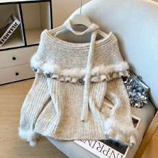 实拍法式一字肩毛绒绒拼接毛衣秋冬新款高级感宽松显瘦毛衣上衣女