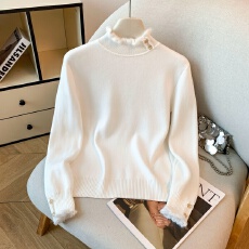 批发实拍秋冬季水貂绒木耳边加厚羊绒一体绒内搭打底衫半高领上衣女