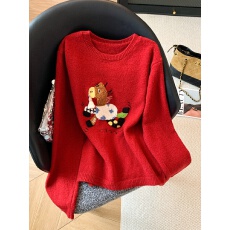 实拍高级感慵懒风减龄卡通提花毛衣女秋冬季新款软糯百搭宽松上衣