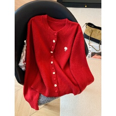 实拍设计花扣蘑菇提花单排扣毛衣秋冬季新款宽松慵懒软糯百搭外套