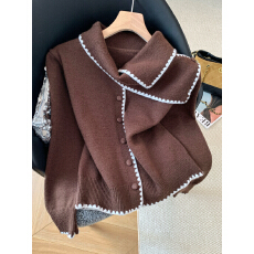 实拍复古咖色围巾领撞色毛衣女秋冬季新款气质宽松单排扣毛衣上衣