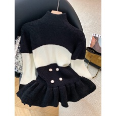 批发实拍秋冬季温柔小香风黑白撞色半高领<b class='q'>荷叶边</b>长袖<b class='q'>毛衣</b>女修身上衣