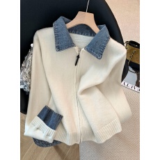 批发实拍设计感拼接<b class='q'>牛仔</b>翻领毛衣开衫女秋冬新款气质显瘦百搭毛衣<b class='q'>外套</b>