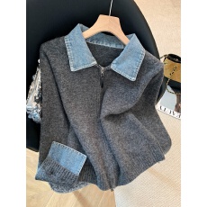 批发实拍设计感拼接<b class='q'>牛仔</b>翻领毛衣开衫女秋冬新款气质显瘦百搭毛衣<b class='q'>外套</b>