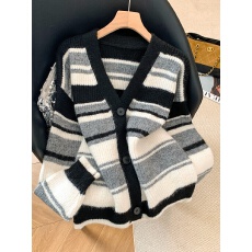 实拍条纹针织毛衣开衫女秋冬新款气质慵懒宽松软糯毛衣外套