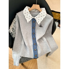 实拍早春季工艺刺绣拼接假两件针织衫女修身显瘦上衣开衫