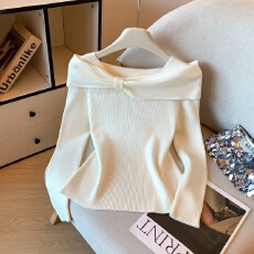 批发实拍早春季蝴蝶结针织衫女法式气质露肩修身显瘦百搭长袖上衣