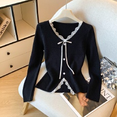 批发实拍早春季别致设计感蝴蝶结系带针织衫女气质开叉修身显瘦上衣